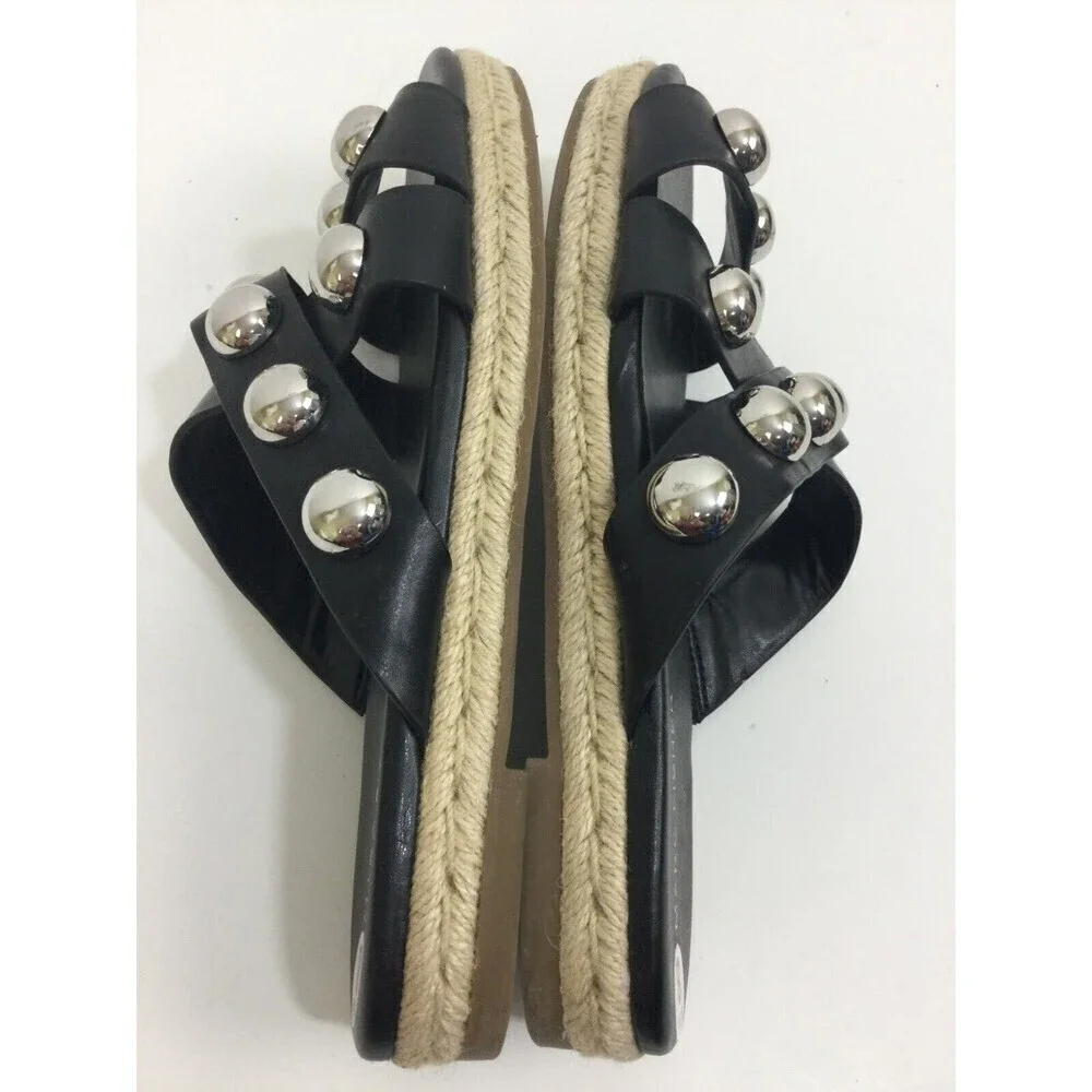 Marc Fisher Prisca Espadrille Silver Studded Slip On Slides Sandals Black Size 8